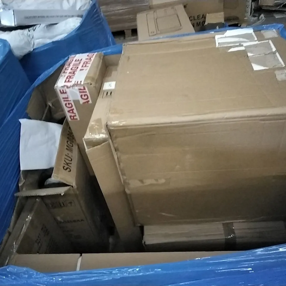 PALLET OF ASSORTED ITEMS INCLUDING AIR COOLER, METERK DRYWALL SANDER,  SMARTRIKE 2-IN-1 FOLDING TRAMPOLINE, ANGEL WING NEON SIGN, SILVER VALLEY BASKETBALL NET,