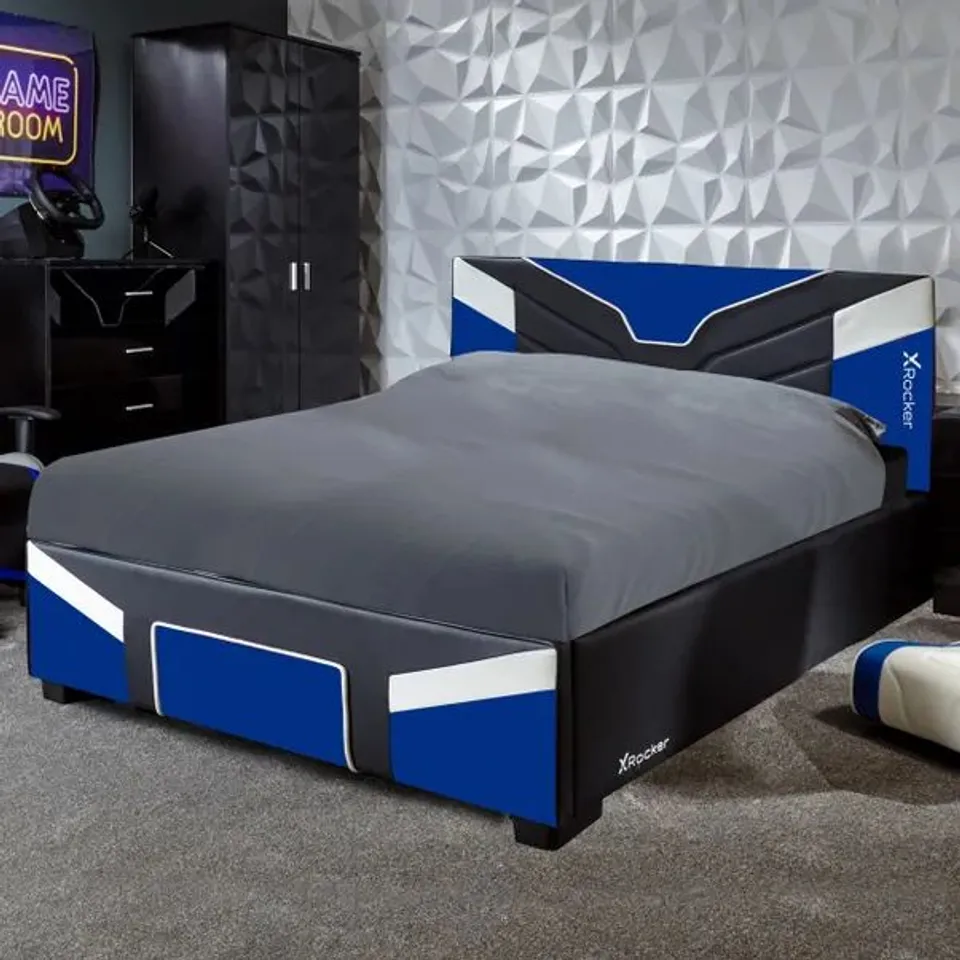 BOXED X-ROCKER CERBERUS MKII OTTOMAN GAMING BED WITH UNDERBED STORAGE, HYDRAULIC LIFT FAUX LEATHER, BLUE BLACK WHITE - DOUBLE 4FT6 (2 BOXES)