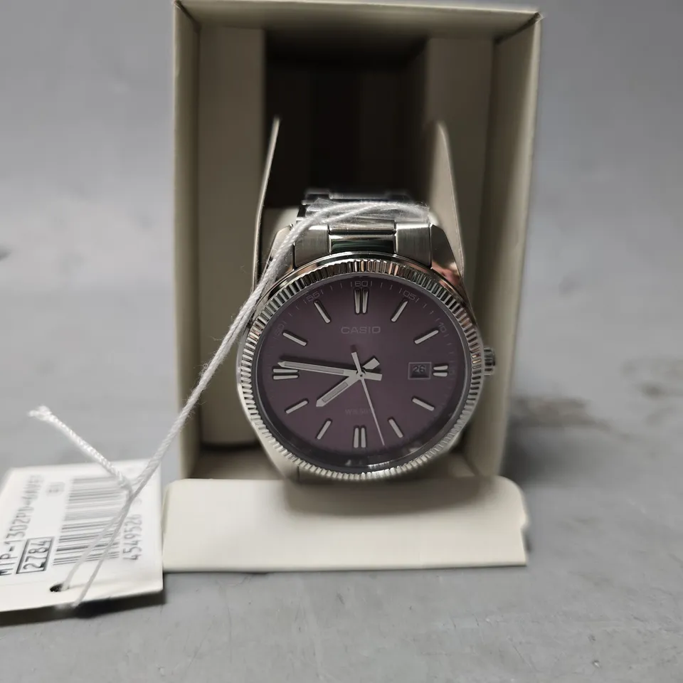 CASIO MTP SERIES ANALOG PURPLE DIAL STAINLESS STEEL STRAP