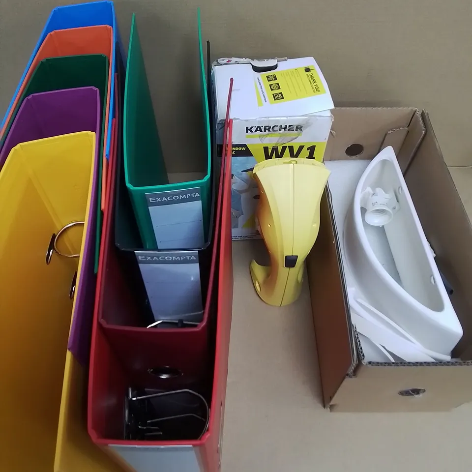 LOT OF 4 ASSORTED ITEMS TO INCLUDE 9X RING BINDERS, KARCHER WINDOWVAC PART, ASTRO WALL LIGHT AND CELLO 43" TELEVISION