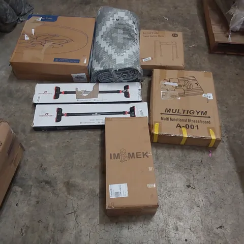 PALLET OF ASSORTED ITEMS INCLUDING: CEILING FAN LIGHT, BALANCE SCOOTER, MULTIFUNCTIONAL FITNESS BOARD, PULL-UP BARS, RUG, TOILET SAFETY RAILS ECT