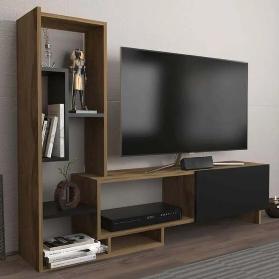 BOXED DECOROTIKA PEGA 6 SHELF BLACK AND OAK TV UNIT (1 BOX)