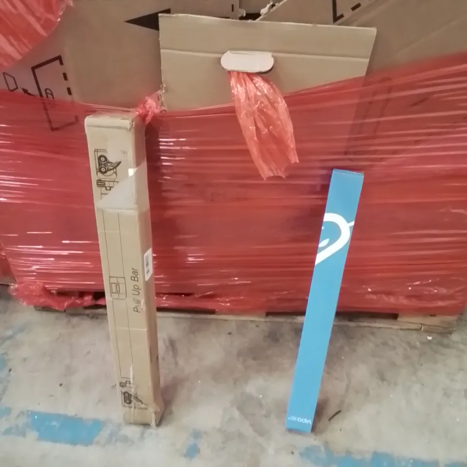 PALLET OF ASSORTED HOUSEHOLD GOODS AND PRODUCTS TO INCLUDE;PULL UP BAR,WINDOW WIPERS 