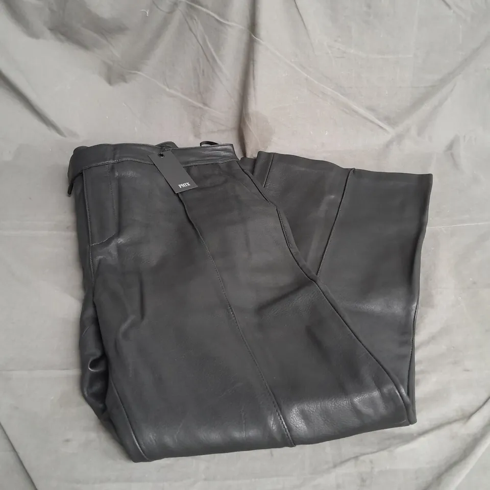 PHIX CLOTHING HIGH WAISTED PIN TUCK SLIM FIT FLARE LEATHER TROUSERS IN BLACK SIZE 38S