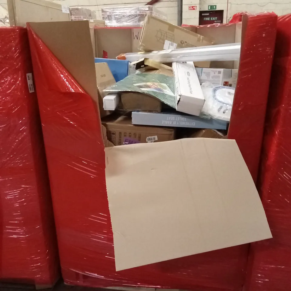 PALLET OF ASSORTED HOUSEHOLD GOODS AND PRODUCTS TO INCLUDE; KIDS PLAY PRODUCTS, CUTTING MAT, FOLDING PRINT RACK, BLIND ETC