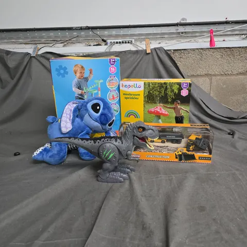 CAGE CONTAINING A LARGE QUANTITY OF KIDS TOYS AND GAMES TO INCLUDE HAPELLO MARBLE RUN, MAJORETTE CONSTRUCTION TOY FIGURES, STITCH PLUSH TOY, DINOSAUR FIGURE, HAPELLO MUSHROOM SPRINKLER ETC