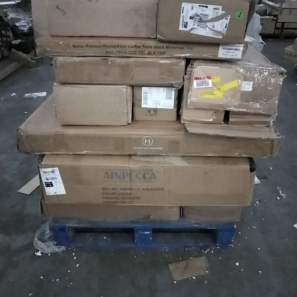 PALLET OF HOUSEHOLD ITEMS TO INCLUDE COFFEE TABLE, TOY BOX AND DINING CHAIR ETC...