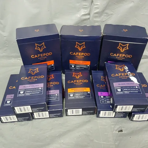 10 BOXED CAFEPOD PACKS TO INCLUDE BLACK VELVET, SUPERCHARGER ESPRESSO, INTENSE ROAST, ETC
