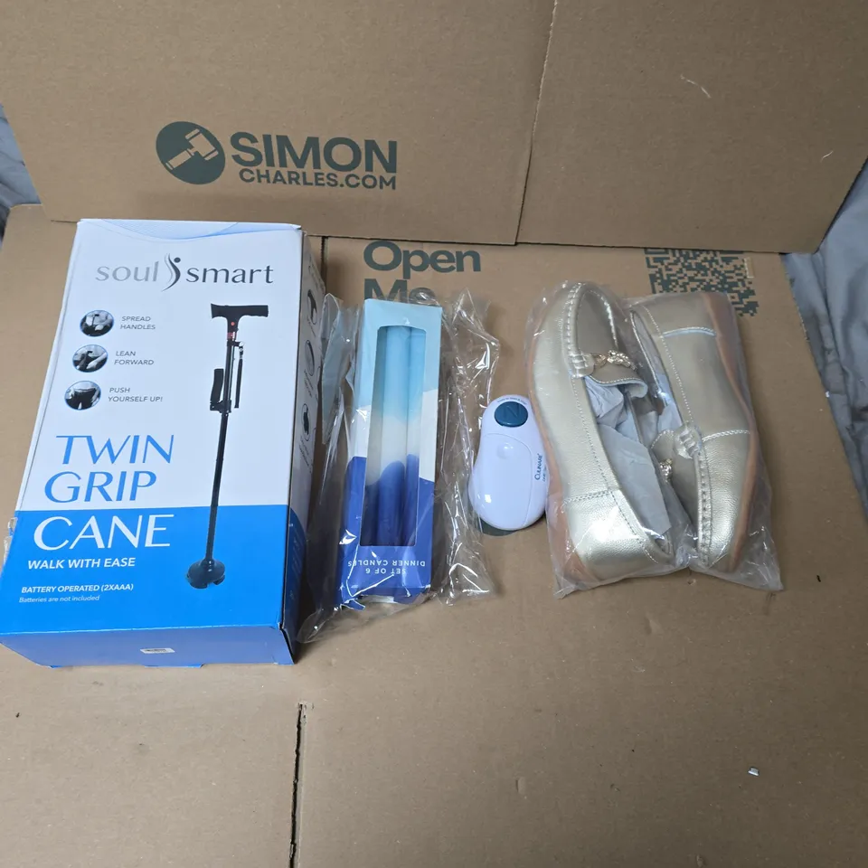LARGE QUANTITY OF ASSORTED ITEMS TO INCLUDE ELECTRIC CAN OPENER, MULTIPACK OF CANDLES, LADIES SHOES, TWIN GRIP CANE, ETC - COLLECTION ONLY