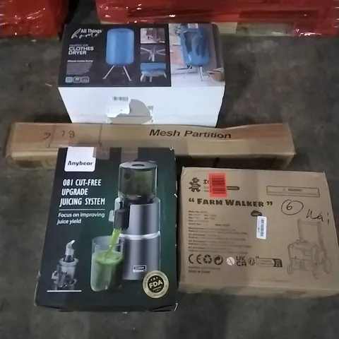 PALLET OF HOUSEHOLD ITEMS TO INCLUDE HEATED CLOTHES DRYER,MESH PARTITION, JUICER, FARM WALKER AND OTHER ASSORTED ITEMS...