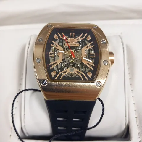 MENS AUTOMATIC DESCHAMPS & CO WATCH β SKELETON DIAL β GLASS EXHIBITION BACK CASE β RUBBER STRAP β WOODEN GIFT BOX β EST Β£925