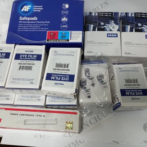 LOT OF 13 ASSORTED PRINTER ITEMS TO INCLUDE SMARTLOAD RIBBON CARTRIDGES, DYE FILM AND CLEANING PADS