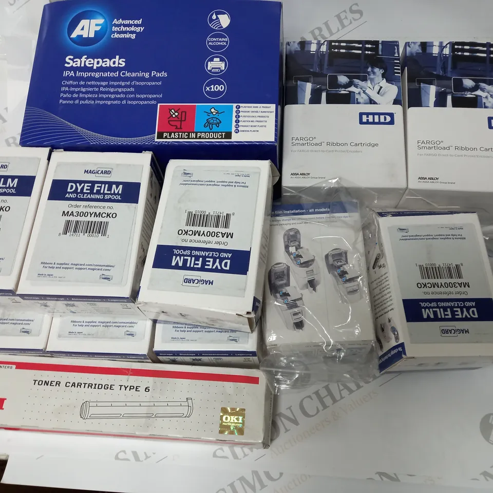LOT OF 13 ASSORTED PRINTER ITEMS TO INCLUDE SMARTLOAD RIBBON CARTRIDGES, DYE FILM AND CLEANING PADS