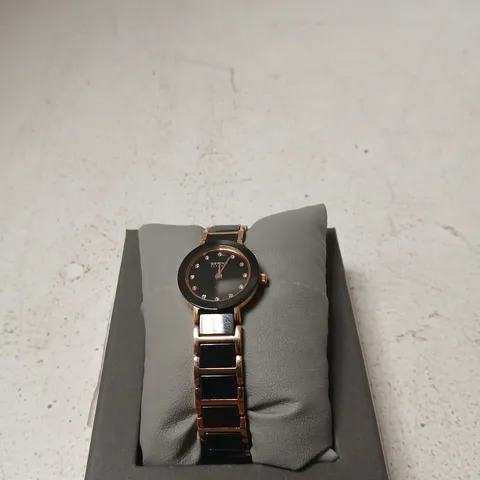 BERING LADIES' WATCH – ROSE GOLD TONE WITH BLACK CERAMIC LINKS, BOXED