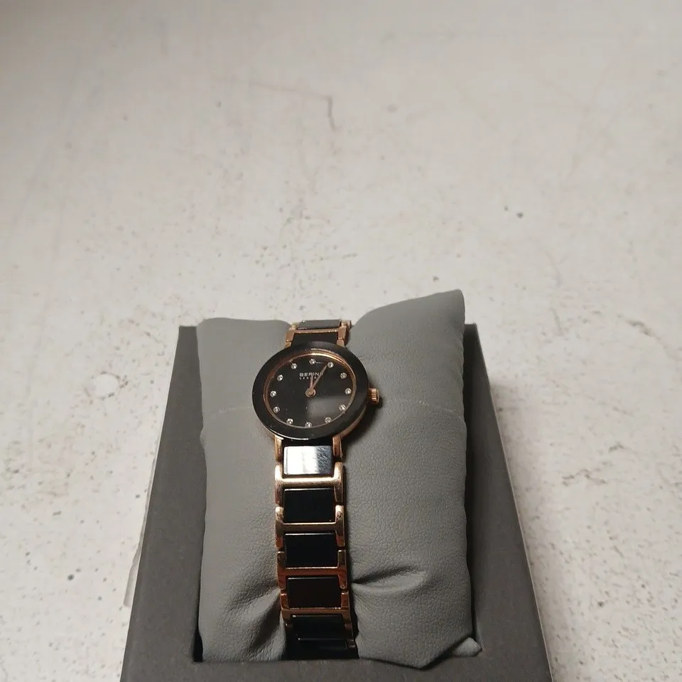 BERING LADIES' WATCH – ROSE GOLD TONE WITH BLACK CERAMIC LINKS, BOXED