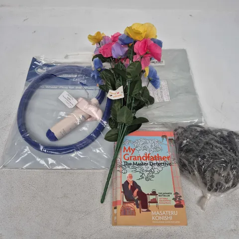 APPROXIMATELY 15 ASSORTED HOUSEHOLD PRODUCTS TO INCLUDE FAUX FLOWERS, WHALE PLUG, MY GRANDFATHER THE MASTER DETECTIVE BOOK, ETC - COLLECTION ONLY