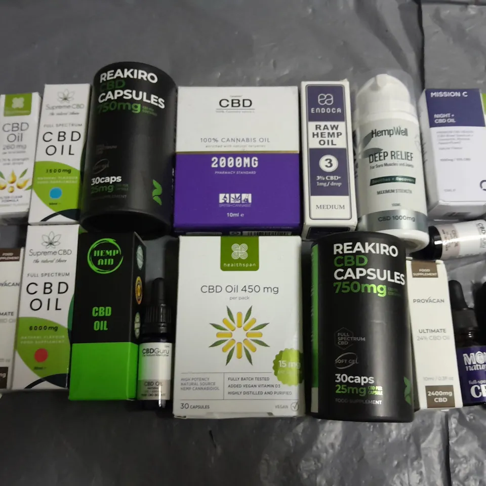 LOT OF APPROXIMATELY 24 ASSORTED CBD ITEMS TO INCLUDE OILS, CAPSULES AND PATCHES