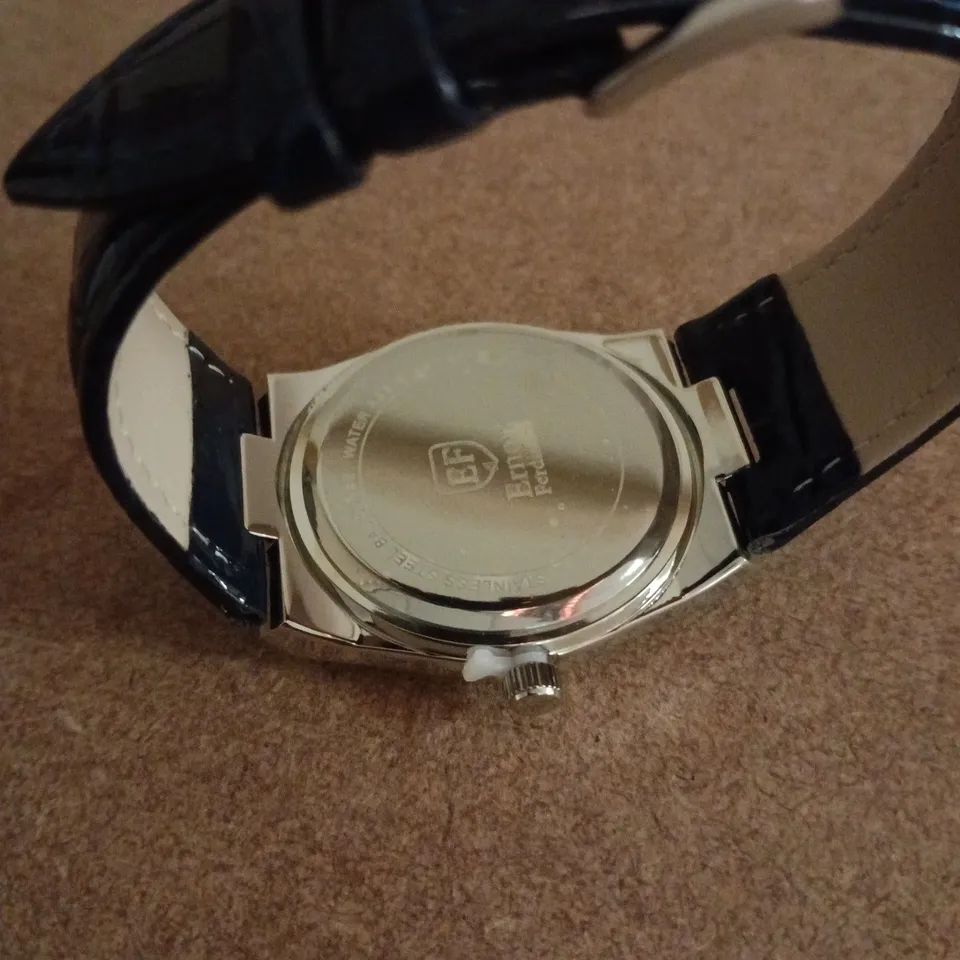 ERNEST FERDINAND QUARTZ WRISTWATCH – NAVY DIAL, SILVER COLOUR BEZEL, LEATHER STRAP