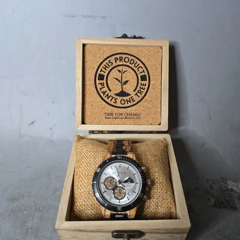 BOXED BOTANICA WOODEN WATCH WITH WHITE DIAL