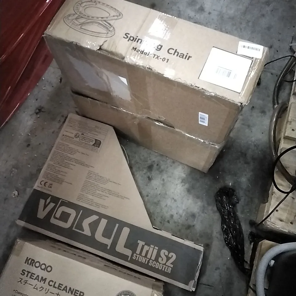PALLET OF HOUSEHOLD ITEMS TO INCLUDE SPINNING CHAIR, STUNT SCOOTER, STEAM CLEANER, MOSQUITO NET AND OTHER ASSORTED ITEMS...