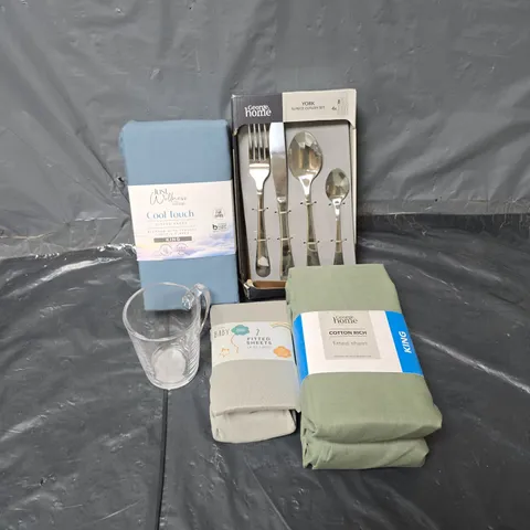 APPROXIMATELY 20 ASSORTED HOMEWARE ITEMS TO INCLUDE COFFEE GLASS, YORK 16 PIECE CUTLERY SET, COOL TOUCH FITTED SHEET, ETC - COLLECTION ONLY