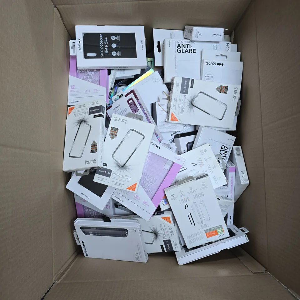 BOX OF APPROXIMATELY 150 ASSORTED PHONE CASES TO INCLUDE: VARIOUS TECH 21 CASES