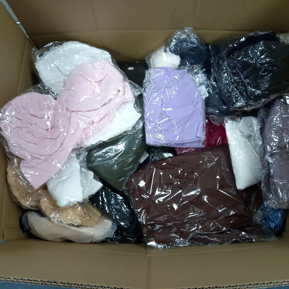 LARGE BOX OF ASSORTED CLOTHING ITEMS IN VARIOUS COLOURS AND SIZES
