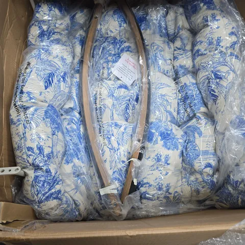 BLUE-AND-WHITE TOILE TEXTILE CHAIR WITH CIRCULAR WHITE METAL FRAME 