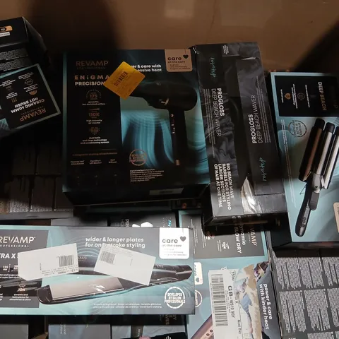 PALLET OF APPROXIMATELY 35 ASSORTED REVAMP HAIR STYLING PRODUCTS TO INCLUDE; ENIGMA, CERAMIC HOT BRUSH AND ULTRA X SHINE