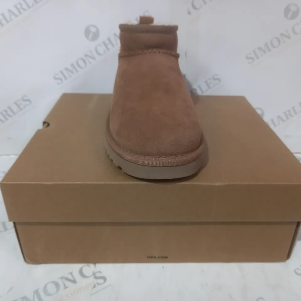 BOXED PAIR OF UGG CLASSIC ULTRA MINI SHOES IN CHESTNUT UK SIZE 4