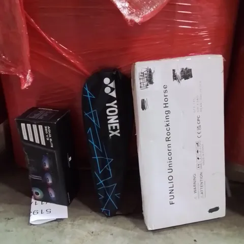 PALLET OF ASSORTED HOUSEHOLD GOODS AND PRODUCTS TO INCLUDE;AQUA ELITE V3,TENNIS RACKETS,UNICORN ROCKING HORSE