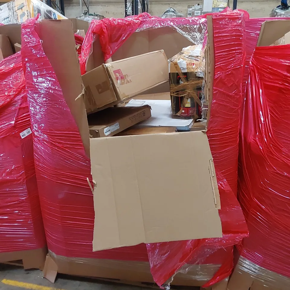 PALLET OF ASSORTED HOUSEHOLD ITEMS AND CONSUMER PRODUCTS TO INCLUDE; OFFICE CHAIR, AIR FRYER, DOG STAIRS, LED CLOCK, TOILET SEAT ETC 