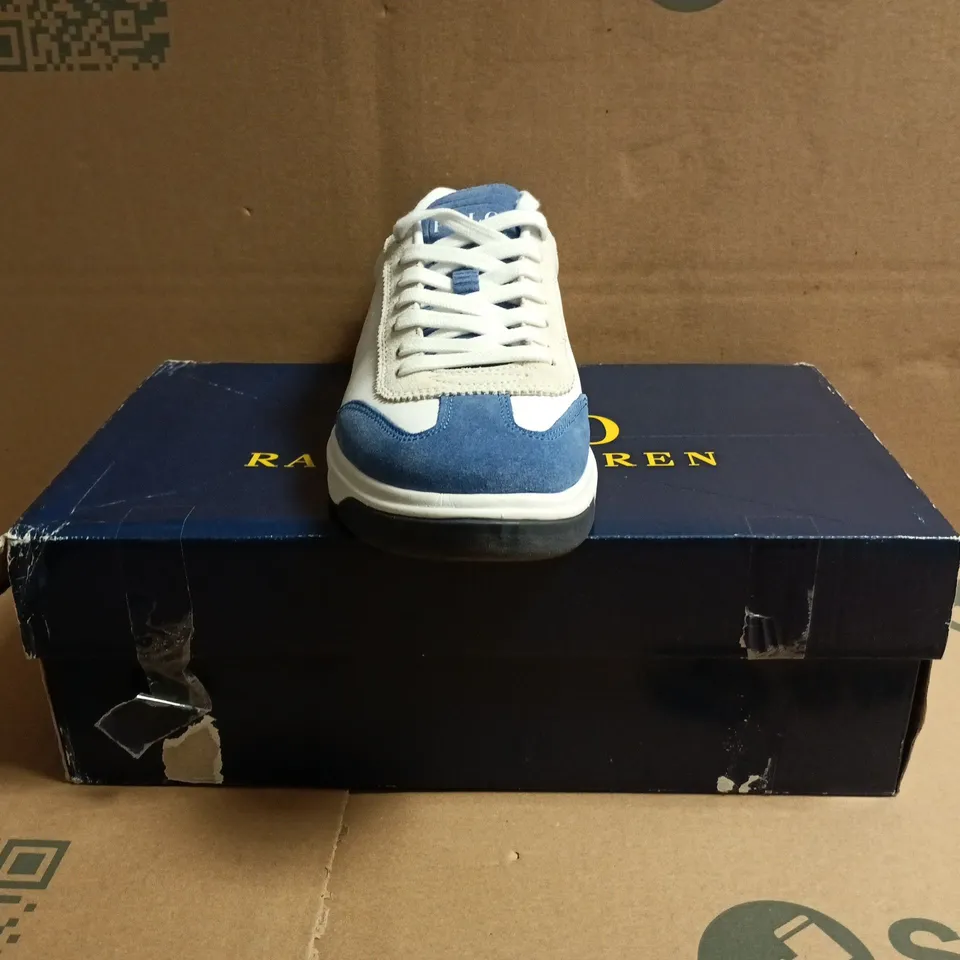BOXED PAIR OF POLO RALPH LAUREN TRAINERS IN WHITE/BLUE SIZE UK 6