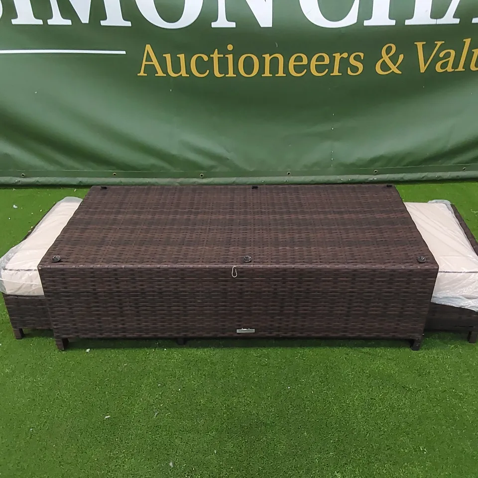 DESIGNER CHOCOLATE MIX RATTAN COFFEE TABLE WITH UNDERSIDE FOOTSTOOLS - MISSING GLASS TOP