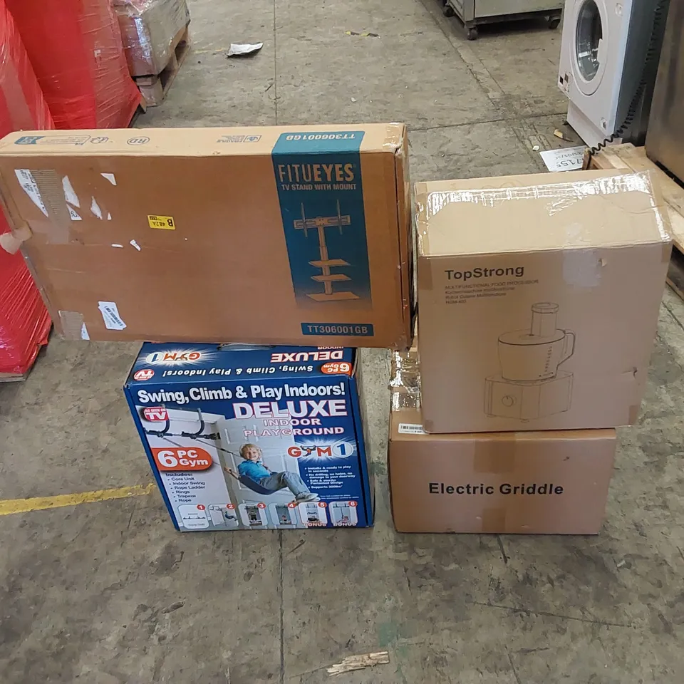 PALLET TO CONTAIN ASSORTED HOUSEHOLD ITEMS AND CONSUMER PRODUCTS. INCLUDING BABY HIGH CHAIR, FOOD PROCESSOR, GRIDDLE, INDOOR SWING, OFFICE CHAIR ETC 