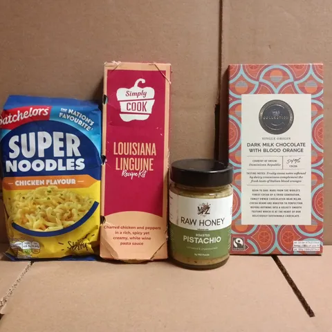 APPROXIMATELY 10 ASSORTED FOOD AND DRINK ITEMS TO INCLUDE SUPER NOODLES, RAW HONEY, ETC
