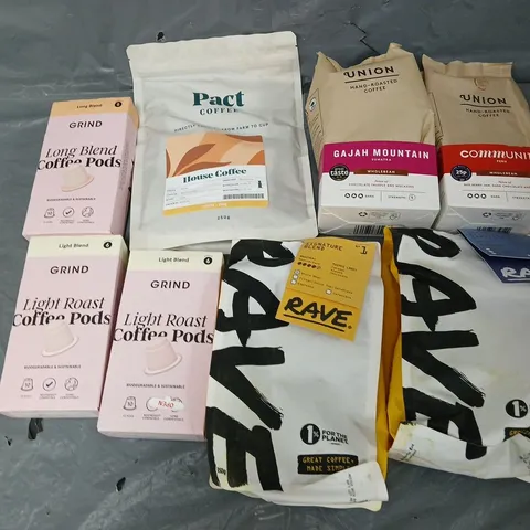 APPROXIMATELY 8 ASSSORTED COFFEE PRODUCTS TO INCLUDE GRIND, PACT, AND UNION COFFEE