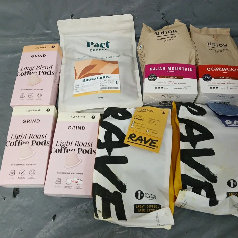 APPROXIMATELY 8 ASSSORTED COFFEE PRODUCTS TO INCLUDE GRIND, PACT, AND UNION COFFEE