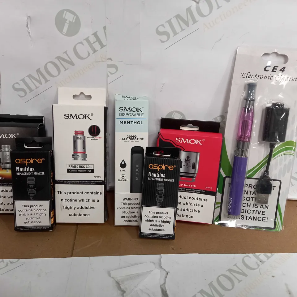 BOX OF APPROX 15 VAPING ITEMS TO INCLUDE SMOK MENTHOL DISPOSABLE, SMOK MESH COIL, ASPIRE ATOMIZER