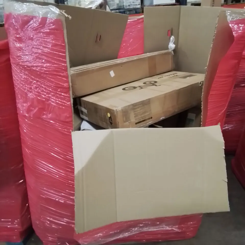 PALLET OF ASSORTED HOUSEHOLD ITEMS AND CONSUMER PRODUCTS TO INCLUDE; KIDS BALANCE BIKES, CAMODE, ETC.