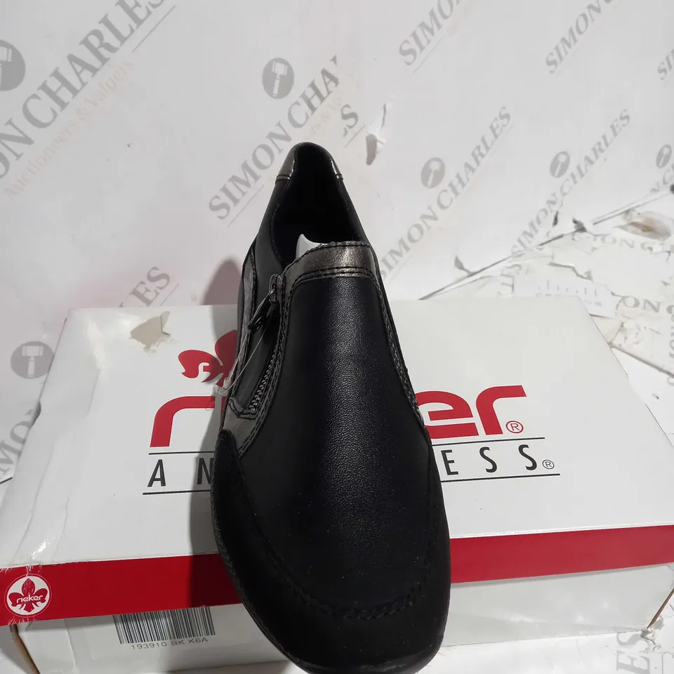 BOXED PAIR OF RIEKER TRAINER SHOE WITH ZIP IN BLACK UK SIZE 6.5