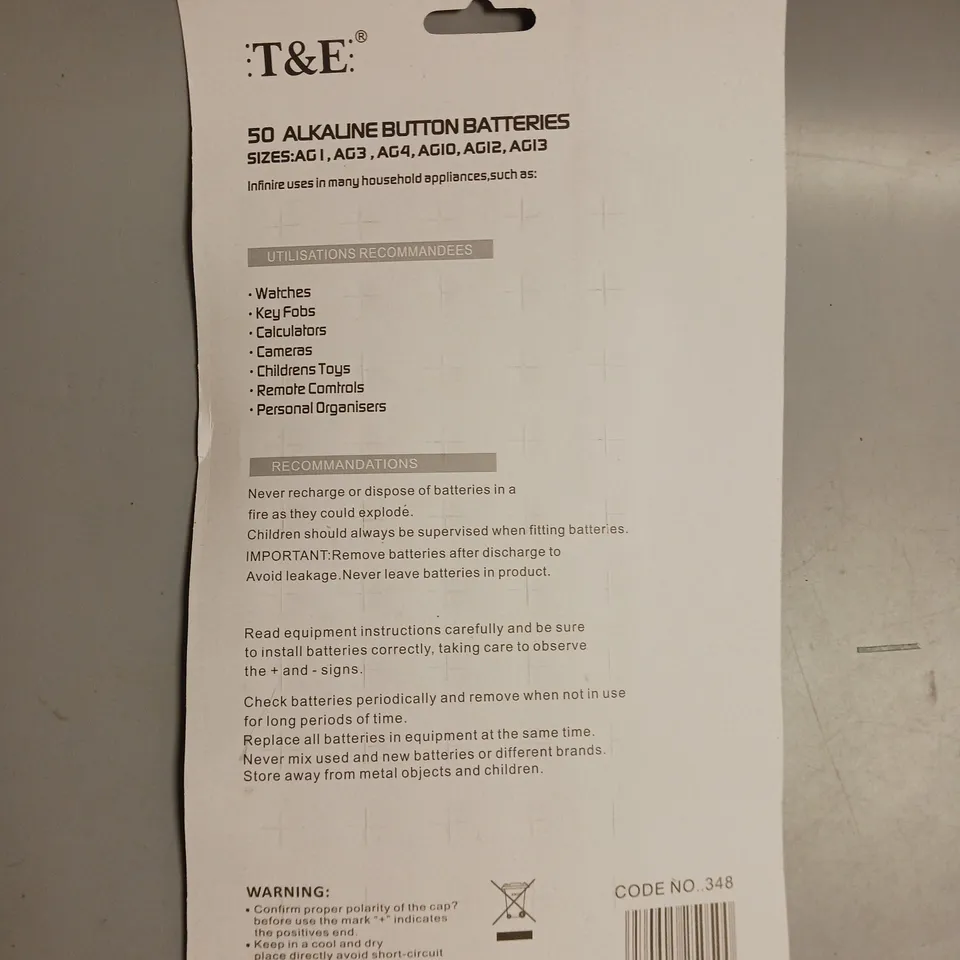 SEALED T&E PACK OF 50PCS HIGH POWER BUTTON BATTERIES ASSORTED SIZES AG1/AG3/AG4/AG10/AG12/AG13