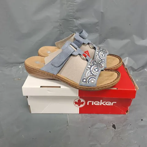 BOXED PAIR OF RIEKER SLIDE ANIMAL SANDALS IN BLUE - SIZE 8
