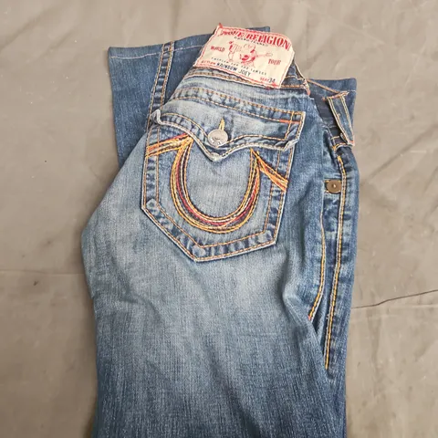 TRUE RELIGION DENIM JEANS WITH RAINBOW STITCHING, SIZE 28