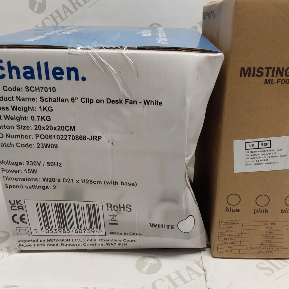 BOX OF BRAND NEW FANS TO INCLUDE APPROXIMATELY; 1X SCHALLEN 6" CLIP ON DESK FAN, 1X PORTABLE HANDHELD MISTING FAN