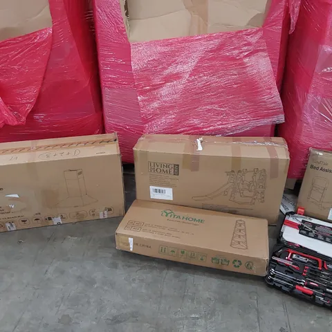 PALLET OF ASSORTED CONSUMER GOODS AND FURNITURE PRODUCTS TO INCLUDE; COOKER HOOD, KID'S PLAYSET, BOOKSHELF, TOOL KIT, BED ASSIST RAIL ECT.
