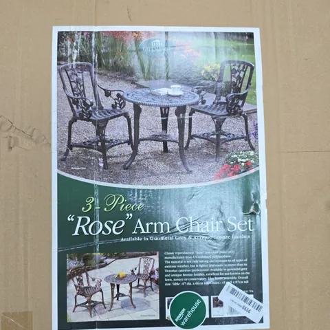 3-PIECE 'ROSE' ARM CHAIR SET – GARDEN FURNITURE (GUNMETAL GREY & ANTIQUE BRONZE FINISHES)