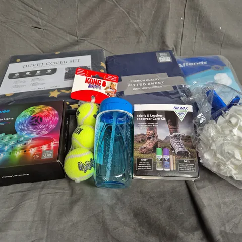 BOX OF APPROXIMATELY 15 ASSORTED HOUSEHOLD ITEMS TO INCLUDE - DOUBLE DUVET COVER SET IN STARLIGHT - KONG SQUEAKAIR BALLS - NIKWAX FOOTWEAR CARE KIT - ETC