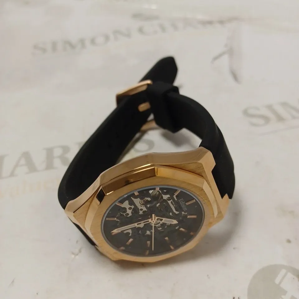 MEN'S EDISON AUTOMATIC ROSE GOLD COLOUR WATCH WITH BLACK DIAL IN HEXAGON CASE