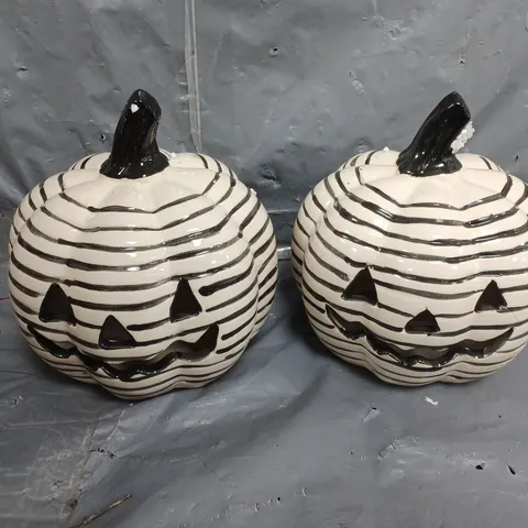 SET OF 2 STRIPE CERAMIC LIGHT UP PUMPKINS 